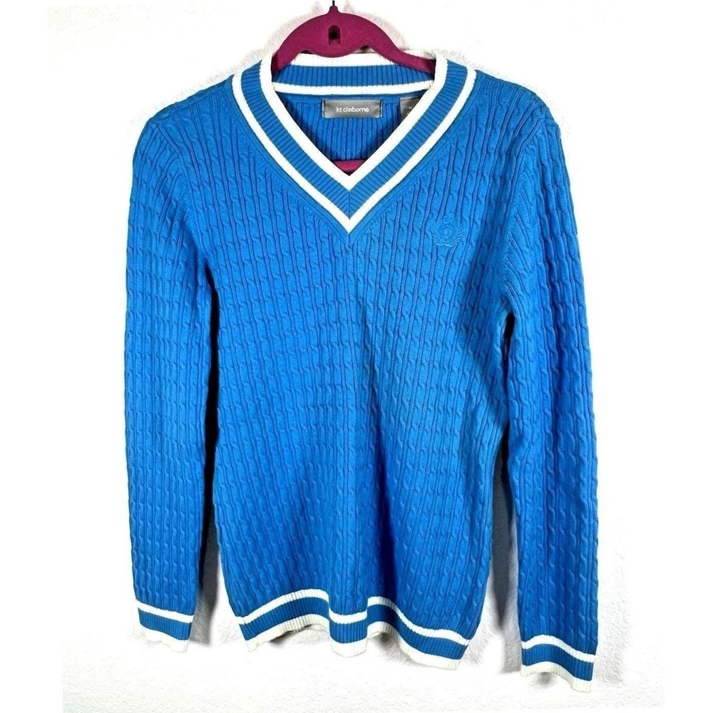 Liz Claiborne Womens Blue Cable Knit V-Neck Sweater Striped Trim Crest Size M